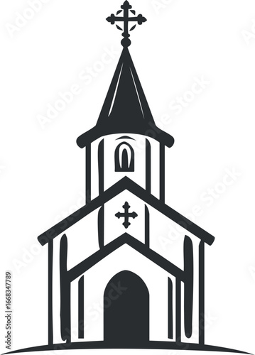 Black and white silhouette of a church building with a steeple and cross on top symbolizing Christianity and worship