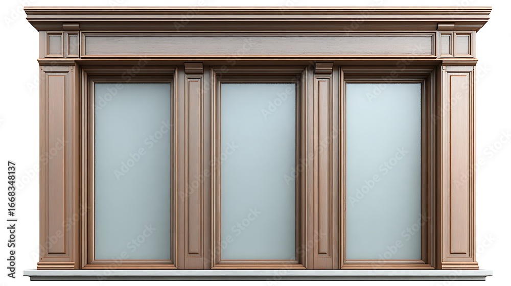 Fototapeta premium industrial teak window with ornate trim, narrow sill, laminated panel with diffused illumination.