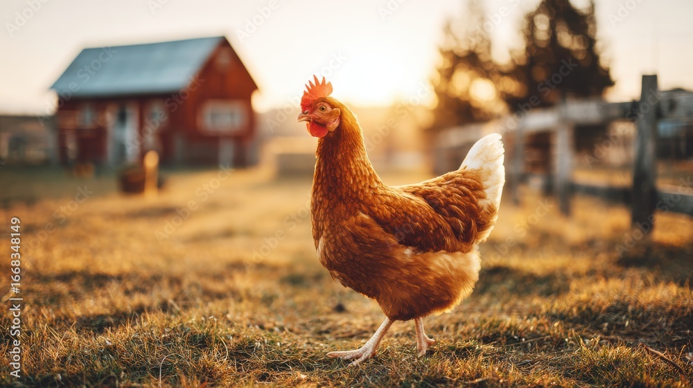 Fototapeta premium Brown Hen in Field with Barn and Fence