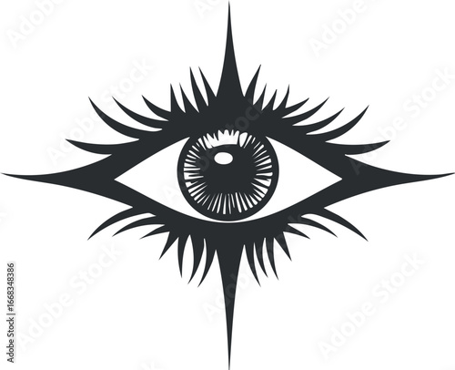 Stylized black and white eye symbol illustration with sharp, spiked design elements representing vision and focus.
