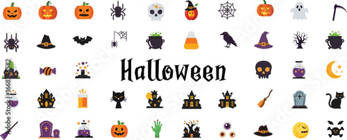 Halloween vector elements icon sheet. Vector illustration in modern thin line style of Halloween Christmas related icons: pumpkin, collection, spider, cat, hat and more. transparent background. 
