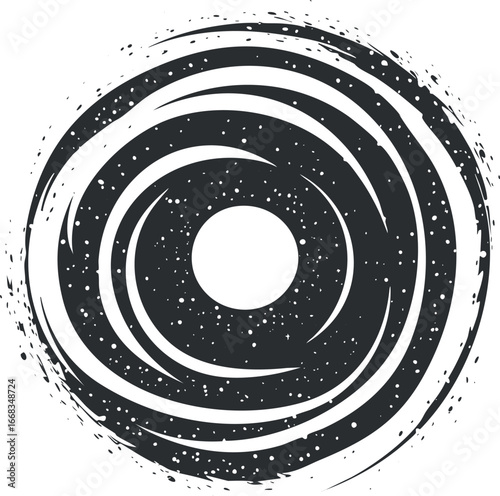 Abstract black and white circular swirl with grunge texture and dynamic curved shapes