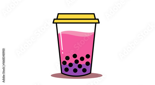 Delicious pink boba tea drink with tapioca pearls and yellow lid refreshing beverage illustration on transparent background