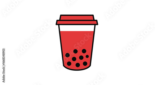 Illustration of refreshing red boba tea drink with tapioca pearls in a plastic cup beverage design on transparent background