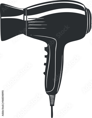 Black and white vector illustration of a hairdryer with cord and handle for hairstyling and beauty care