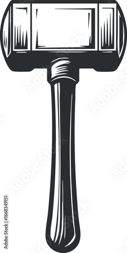 Black and white illustration of a sledgehammer tool with wooden handle and metal head isolated on white background