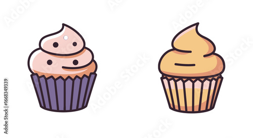 Two delicious cupcake dessert bakery sweet food pastry baked treat yummy confection cakes sugar icing on transparent background