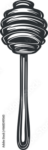 Black and white illustration of a wooden honey dipper stick used for drizzling honey in cooking and food preparation
