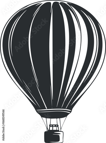 Black and white vector illustration of a hot air balloon in flight for travel and adventure themes