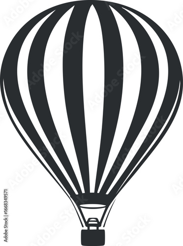 Black and white silhouette of a hot air balloon ready for flight with striped pattern