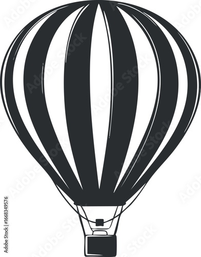 Black and white illustration of a hot air balloon with vertical stripes, ideal for travel and adventure themes.