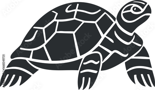 Black and white illustration of a turtle showing its shell and limbs in a simple graphic style