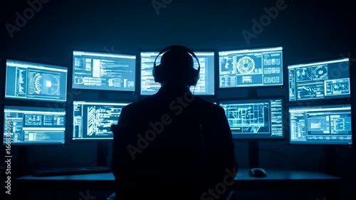 A silhouette of a person wearing headphones, focused on multiple glowing computer screens displaying data analysis in a dark room