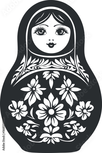 Black and white illustration of a traditional Russian matryoshka nesting doll with floral patterns and decorative folk art design.