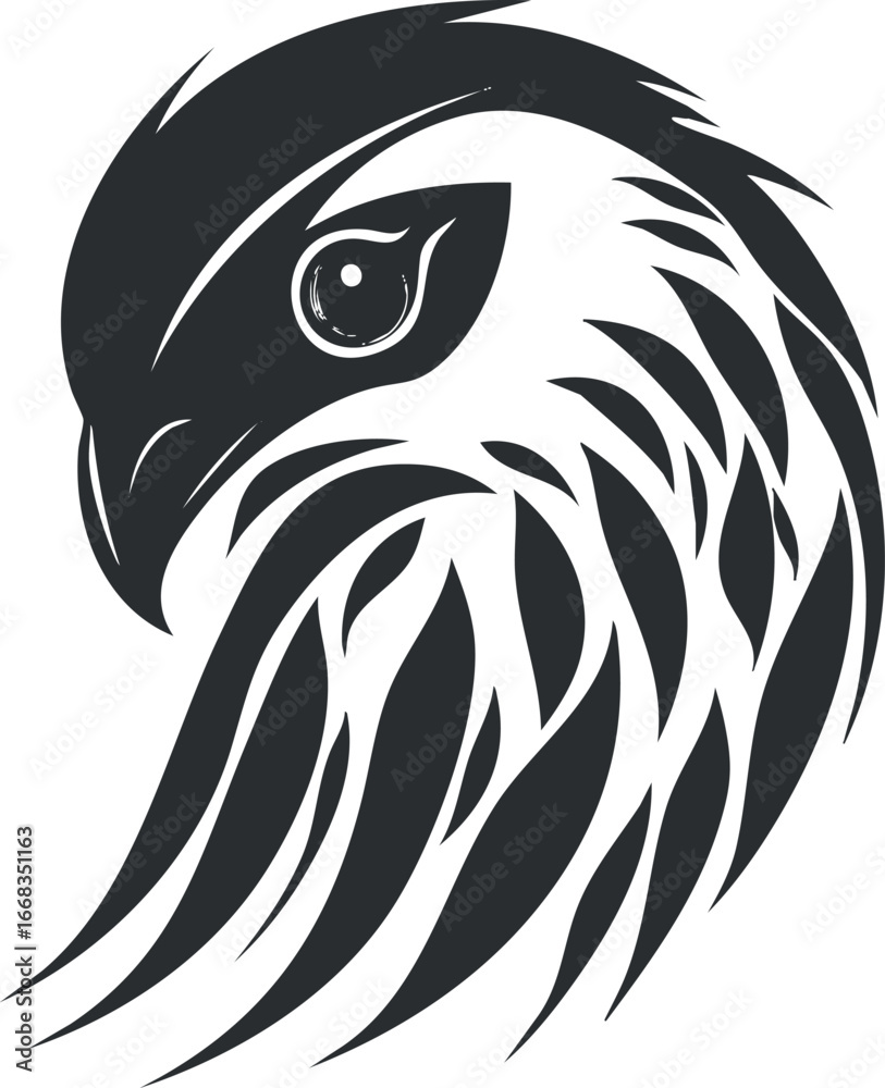 Obraz premium Black and white stylized illustration of a fierce hawk head with sharp eye and feathers