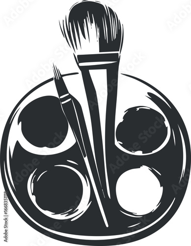 Black and white illustration of paint palette with two paintbrushes for artistic painting and creativity