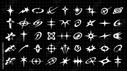 Abstract star symbols and cosmic sparkles with Y2K retrofuturistic aesthetic