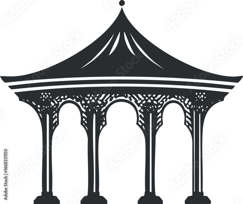 Black silhouette of a decorative gazebo or pavilion with ornate columns and a pointed roof