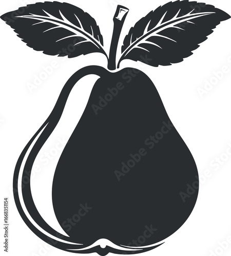 Black silhouette of a pear with two leaves on a stem isolated on white background
