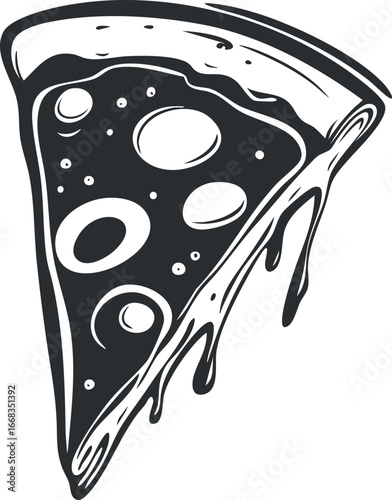 Black and white illustration of a single slice of pizza with melted cheese and pepperoni toppings