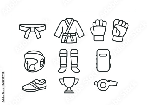 Martial arts equipment icons: belt, gi, gloves, helmet, pads, trophy, whistle
