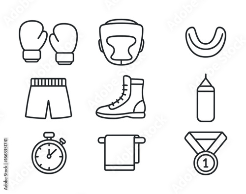 Boxing equipment icon set featuring gloves headgear mouthguard and medal