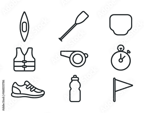 Line icons of kayak gear and accessories for water sports enthusiasts