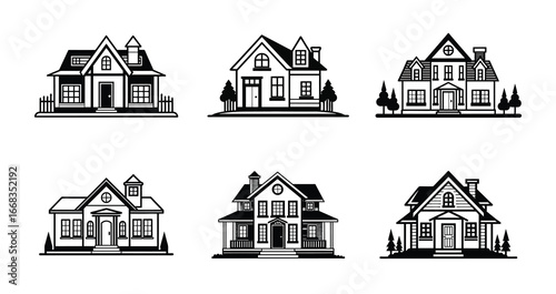 Six different houses in black and white.