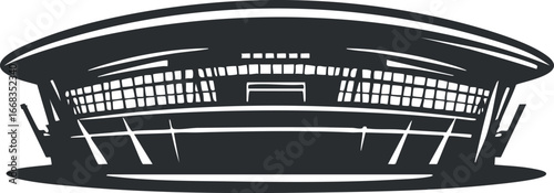 Black and white illustration of a modern sports stadium with seating and a roof, designed for outdoor events and competitions.