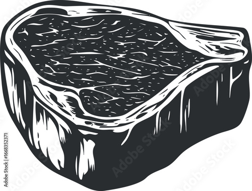 Black and white illustration of a raw beef steak cut showing texture and marbling for cooking and food preparation