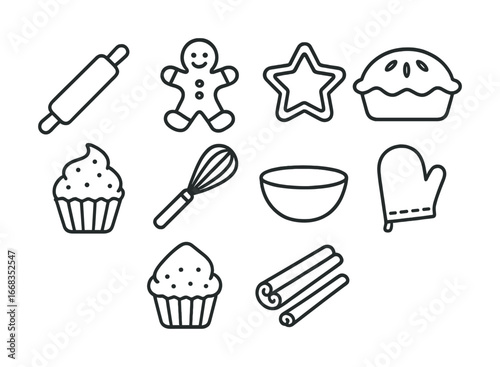Baking essentials: cookies, cupcakes, utensils, and spices in outline style