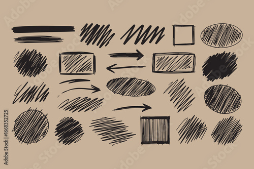Hand drawn sketch elements and scribbles on kraft paper background