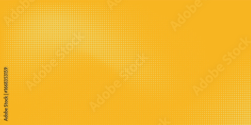 Yellow halftone pattern. Retro comic gradient background. Bright orange pixelated dotted texture overlay. Cartoon pop art faded gradient pattern. Vector backdrop for poster, banner, advertisement