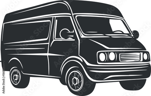 Black and white illustration of a cargo van side view used for delivery and transportation services