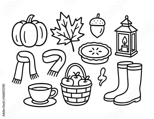 Autumn harvest doodles: pumpkin, leaf, acorn, pie, lantern, scarf, apple basket, boots