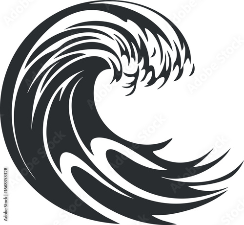 Abstract black and white vector illustration of a powerful ocean wave curling with dynamic motion