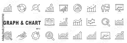 Graph and chart icons for analytics, data dashboards, business presentations, showing growth trends and metrics in clean outline, editable stroke