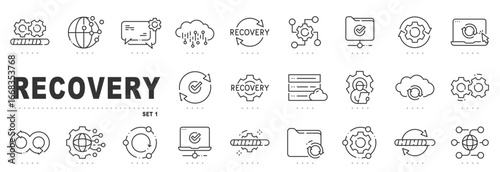 Recovery icon set featuring backup, restore, data, cloud, server workflows, disaster resilience, failover, redundancy, sync, update, monitoring, automation, devops, outline