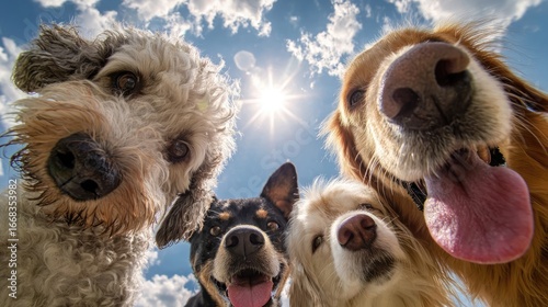 Playful Dogs with Tongues Out, Looking Up at the Sky