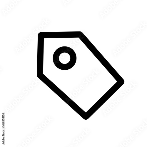 Illustration of a simple black and white price tag icon with a hole for attachment shown clearly isolated