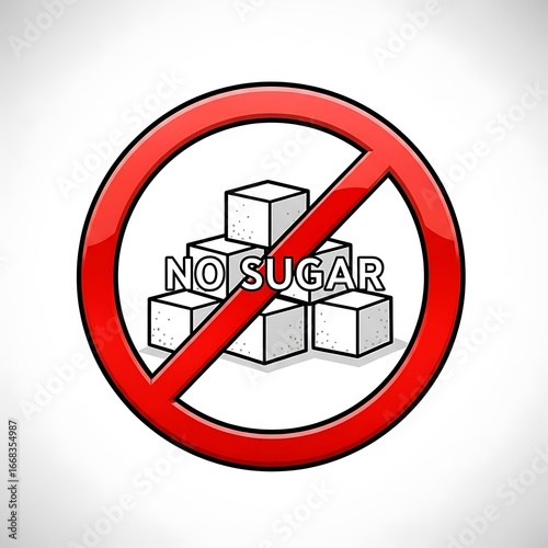 Red prohibition sign with sugar cubes and text no sugar isolated on white background