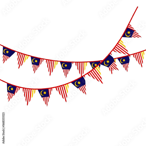 Festive Malaysian flag bunting, red and yellow triangles strung together, celebrating national pride