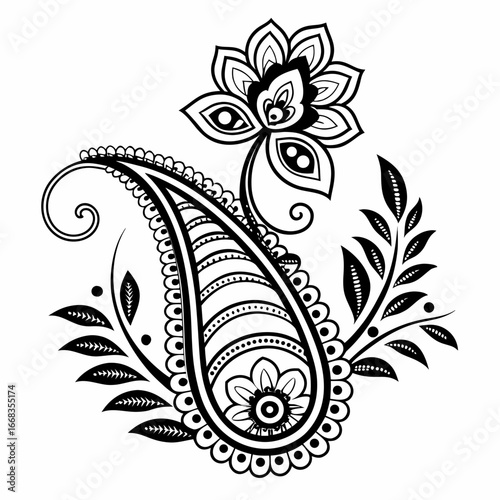 Intricate black and white paisley floral design with decorative elements