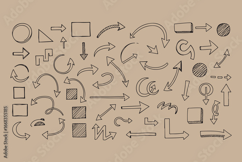Collection of hand drawn arrows and geometric shapes on kraft paper background
