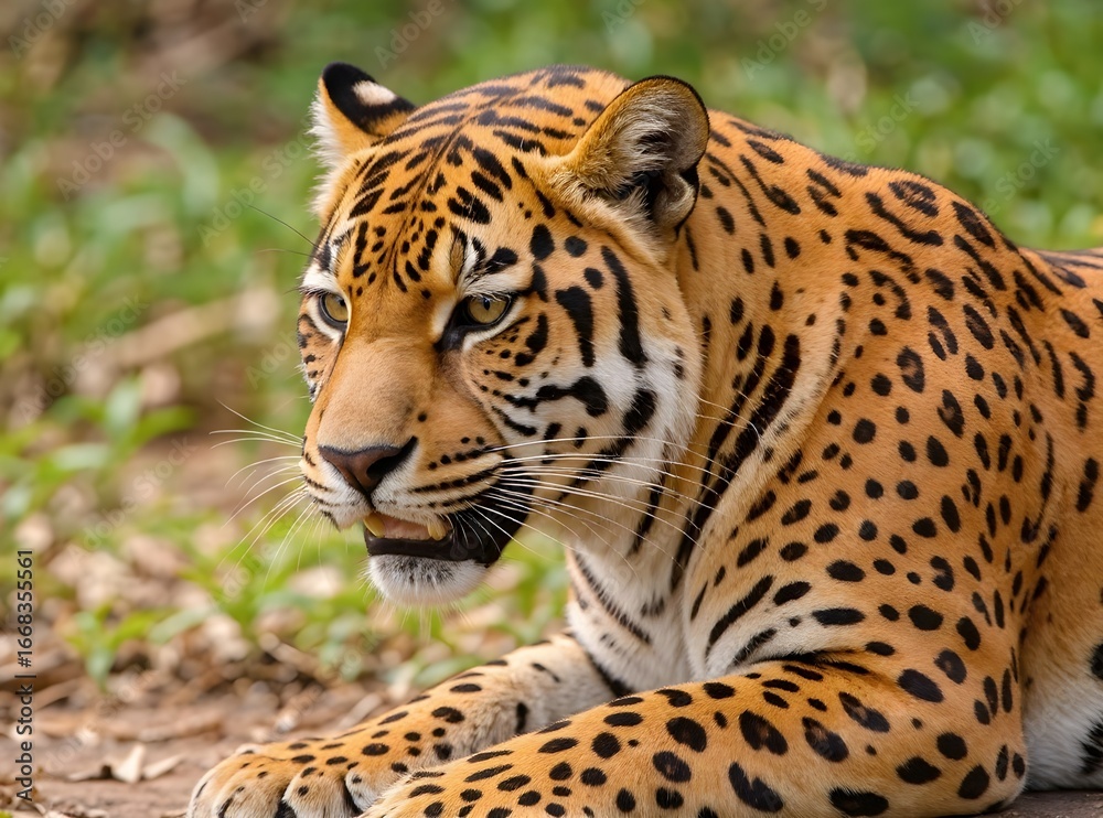 Obraz premium Photo of closeup portrait of a majestic jaguar with striking spotted fur, intense gaze, and whiskers, showcasing its powerful and wild nature in its natural habitat
