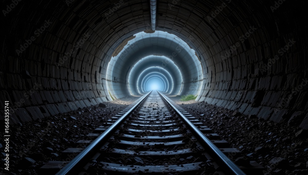 Obraz premium Captivating Perspective of a Railway Tunnel Leading to Bright Light at the End of Dark Passage