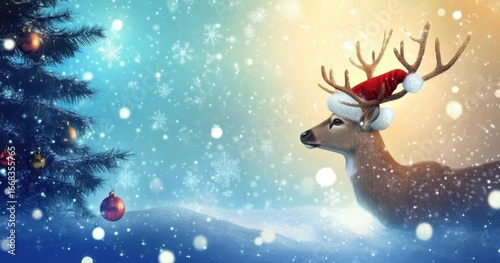 Christmas holidays background with Santa Claus deer and Christmas tree
