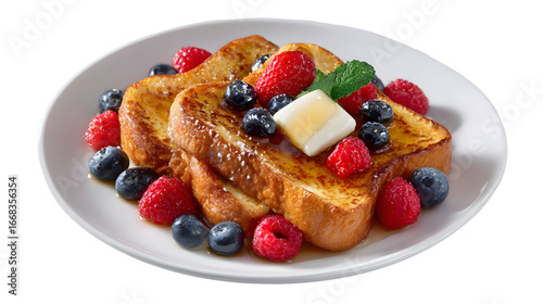 Golden French toast topped with fresh mixed berries (strawberries, blueberries, raspberries), butter, and syrup. A classic, isolated brunch favorite.