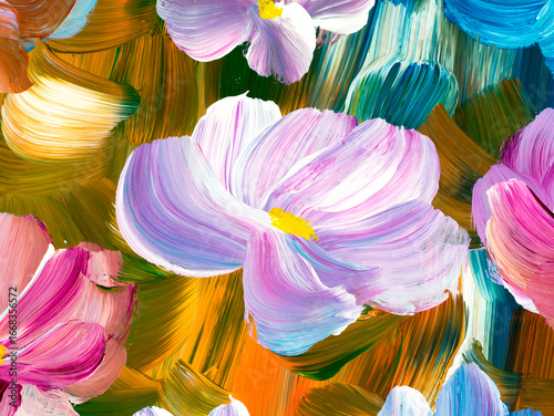 Abstract flowers, original hand drawn, impressionism style, color texture, brush strokes of paint, art background.