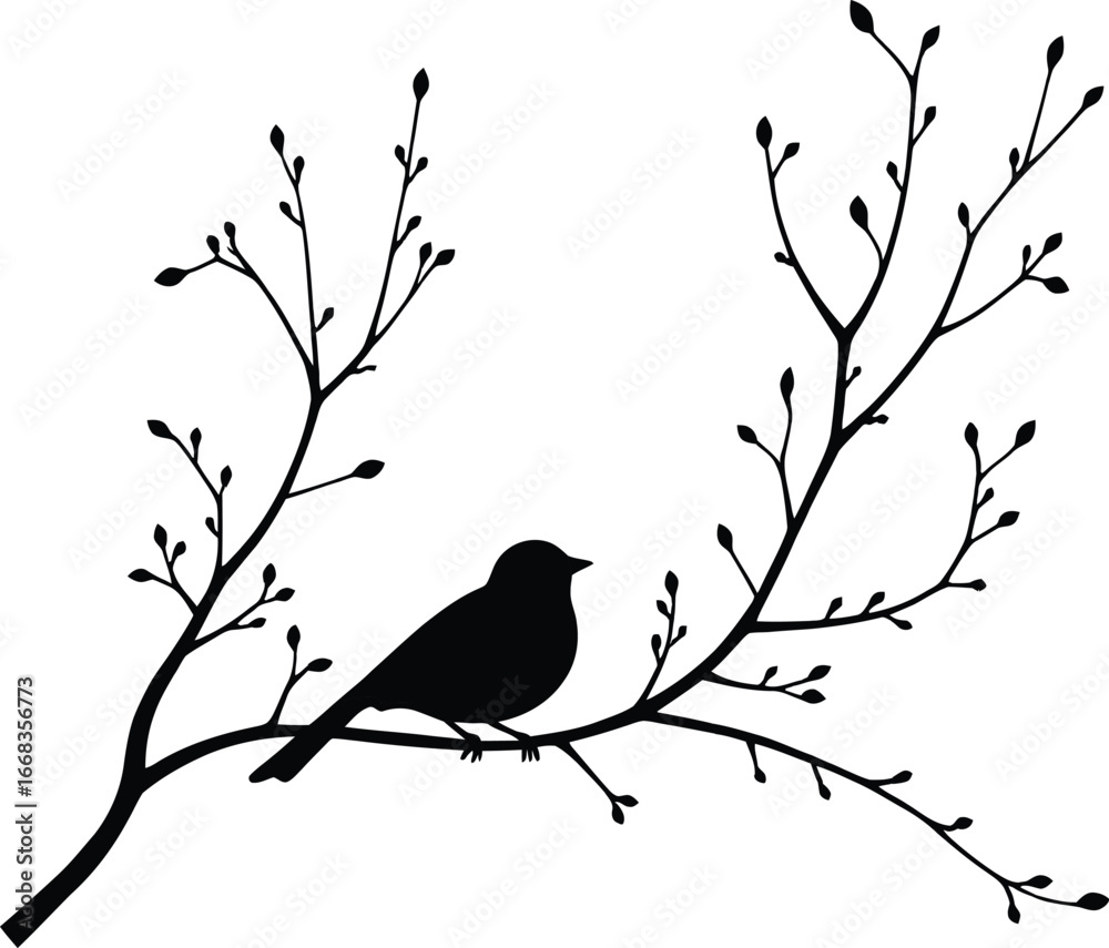 Fototapeta premium Black Bird Sitting on Bare Tree Branch Silhouette